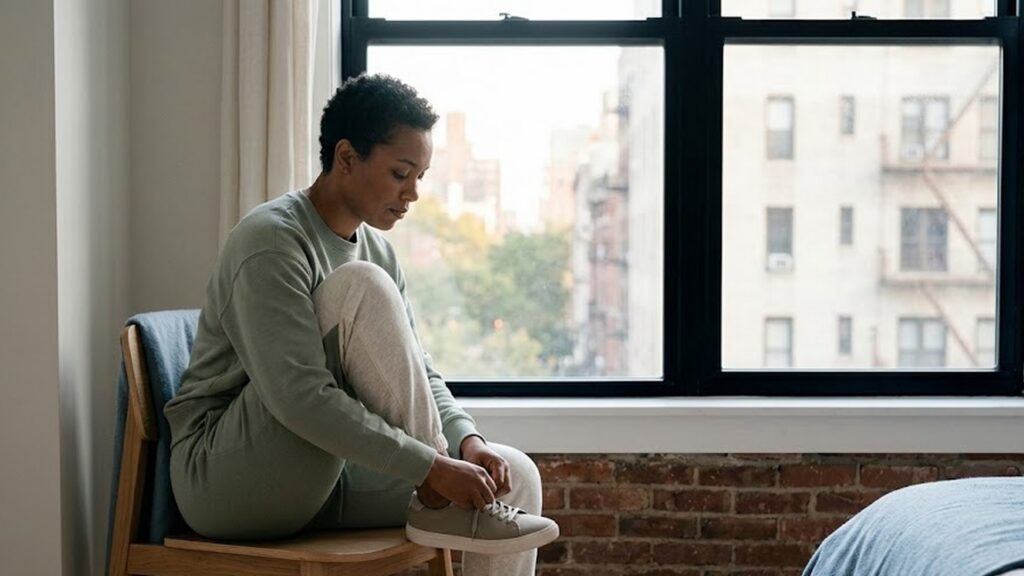 Adult in a sunlit Manhattan apartment lacing running shoes by a window, beginning a small intentional activity as part of a depression treatment plan