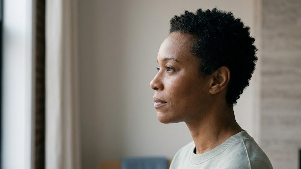 Soft profile portrait of a calm adult in early morning light against a neutral interior, conveying introspection and the early steps of trauma recovery
