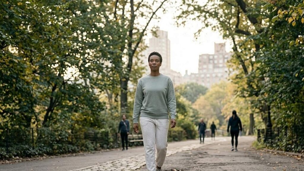 Adult walking in a quiet Manhattan park in soft morning light, taking a deliberate daily walk as part of a resilience-building routine