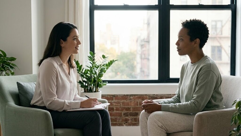 Therapist and adult client in a calm office setting in midtown Manhattan, sitting in conversation in soft natural light during structured trauma-focused therapy