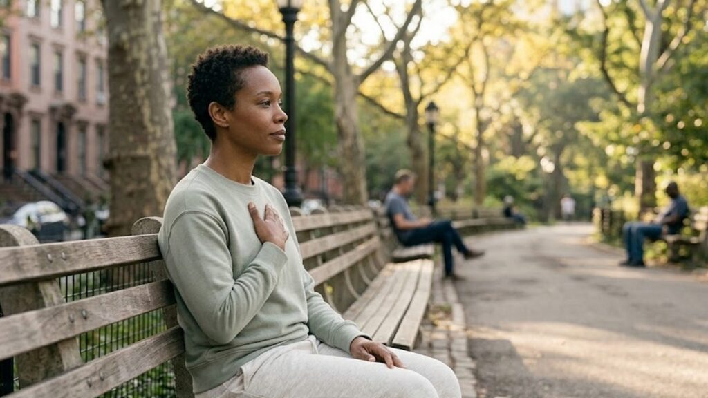 Adult sitting on a bench by a tree-lined path in soft afternoon light with one hand resting gently on their chest, a posture associated with self-compassion practices