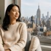 A calm young adult sitting by a sunlit Manhattan window practicing a grounding exercise with hands resting open on lap.