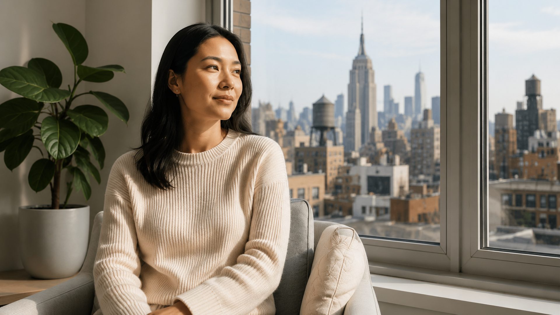 A calm young adult sitting by a sunlit Manhattan window practicing a grounding exercise with hands resting open on lap.