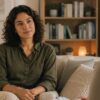 An adult sitting on a soft couch in a warmly lit therapy office, reflective and at ease, mid-conversation with an attentive therapist out of frame.