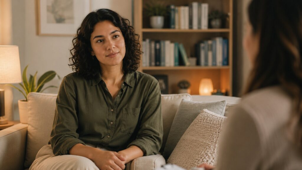 An adult sitting on a soft couch in a warmly lit therapy office, reflective and at ease, mid-conversation with an attentive therapist out of frame.