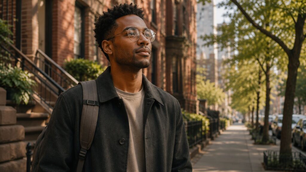 A person standing on a quiet Manhattan sidewalk taking a slow grounded breath, with soft morning light and a brick building in the background.