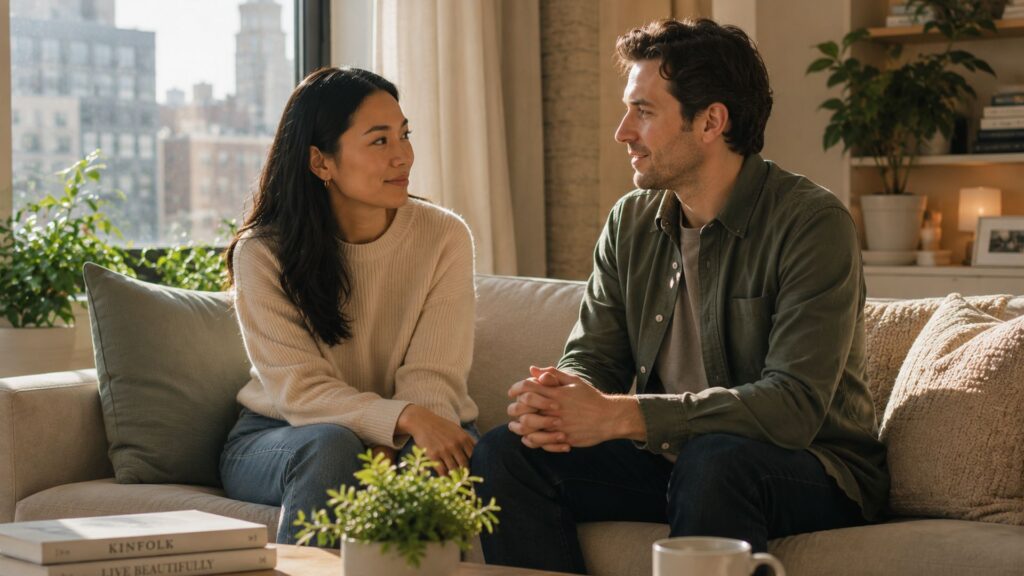Two adults sitting close together on a soft sofa in a sunlit Manhattan living room, in calm conversation, suggesting secure connection.