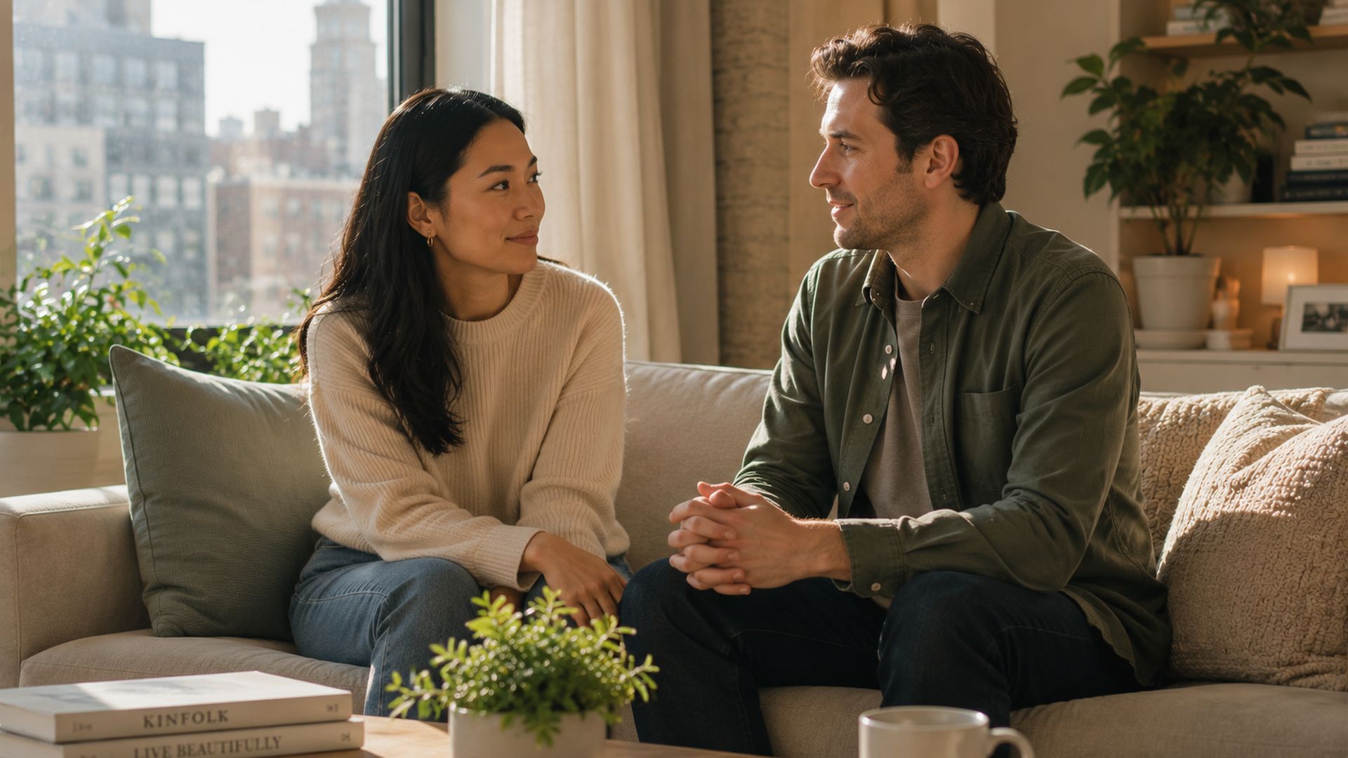 Two adults sitting close together on a soft sofa in a sunlit Manhattan living room, in calm conversation, suggesting secure connection.