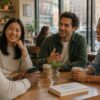 A diverse group of adults in casual conversation in a bright, modern Manhattan cafe, suggesting open, everyday talk about mental health.