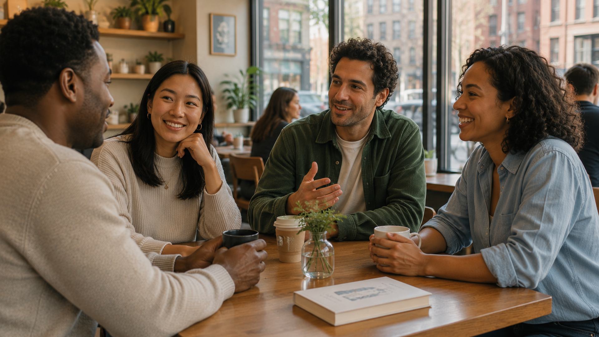 A diverse group of adults in casual conversation in a bright, modern Manhattan cafe, suggesting open, everyday talk about mental health.