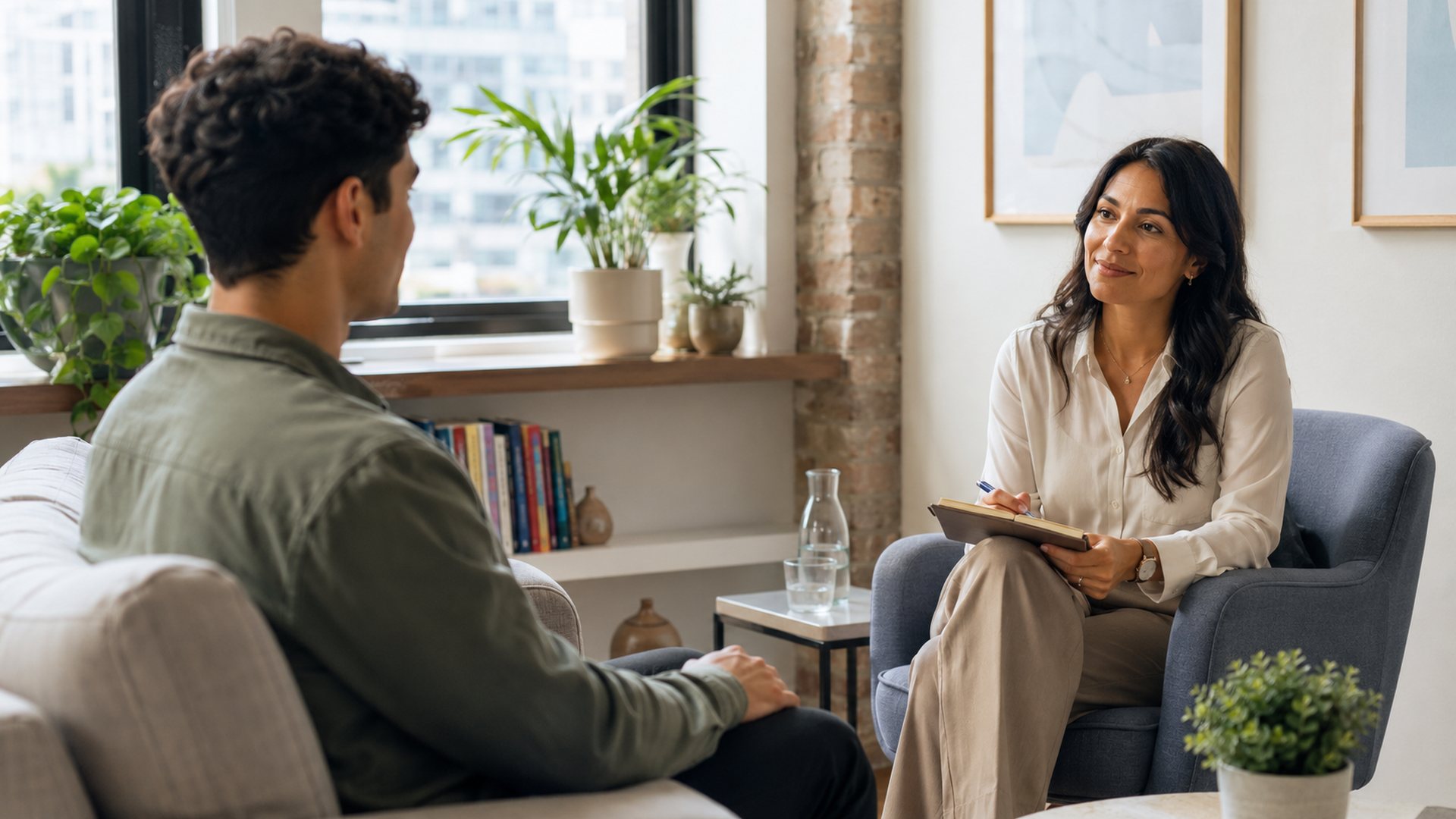 A young adult speaking calmly with a therapist in a bright Manhattan office