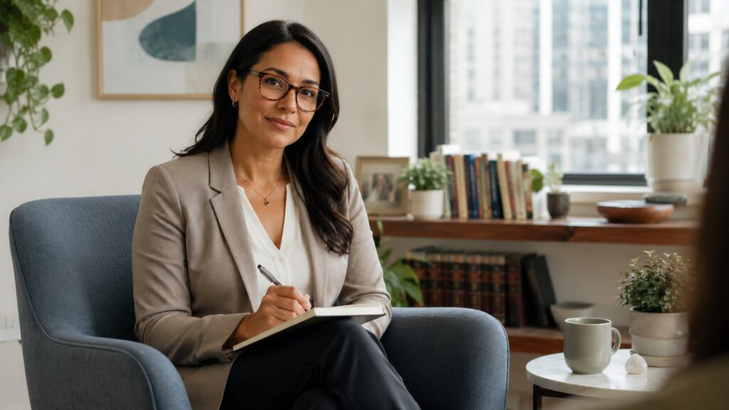 A behavioral health clinician taking notes during a session in a calm office setting
