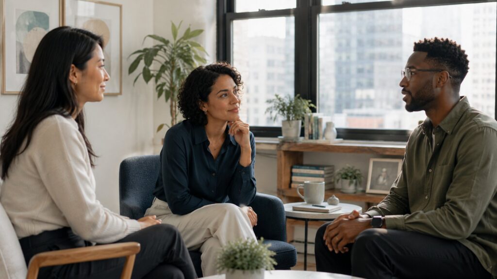 Diverse colleagues in a calm, light-filled Manhattan office having a supportive conversation