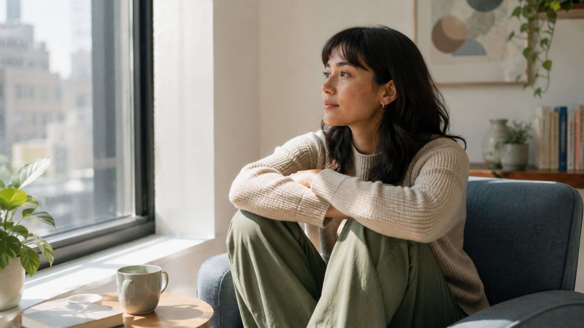 A person sitting calmly by a window in soft natural light, reflecting quietly