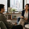 A therapist and client in a warm, collaborative session in a modern NYC office