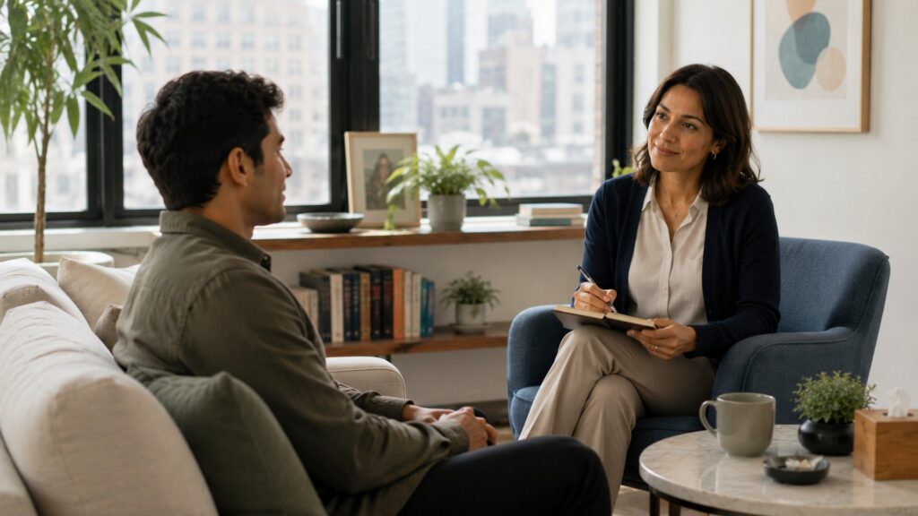 A therapist and client in a warm, collaborative session in a modern NYC office
