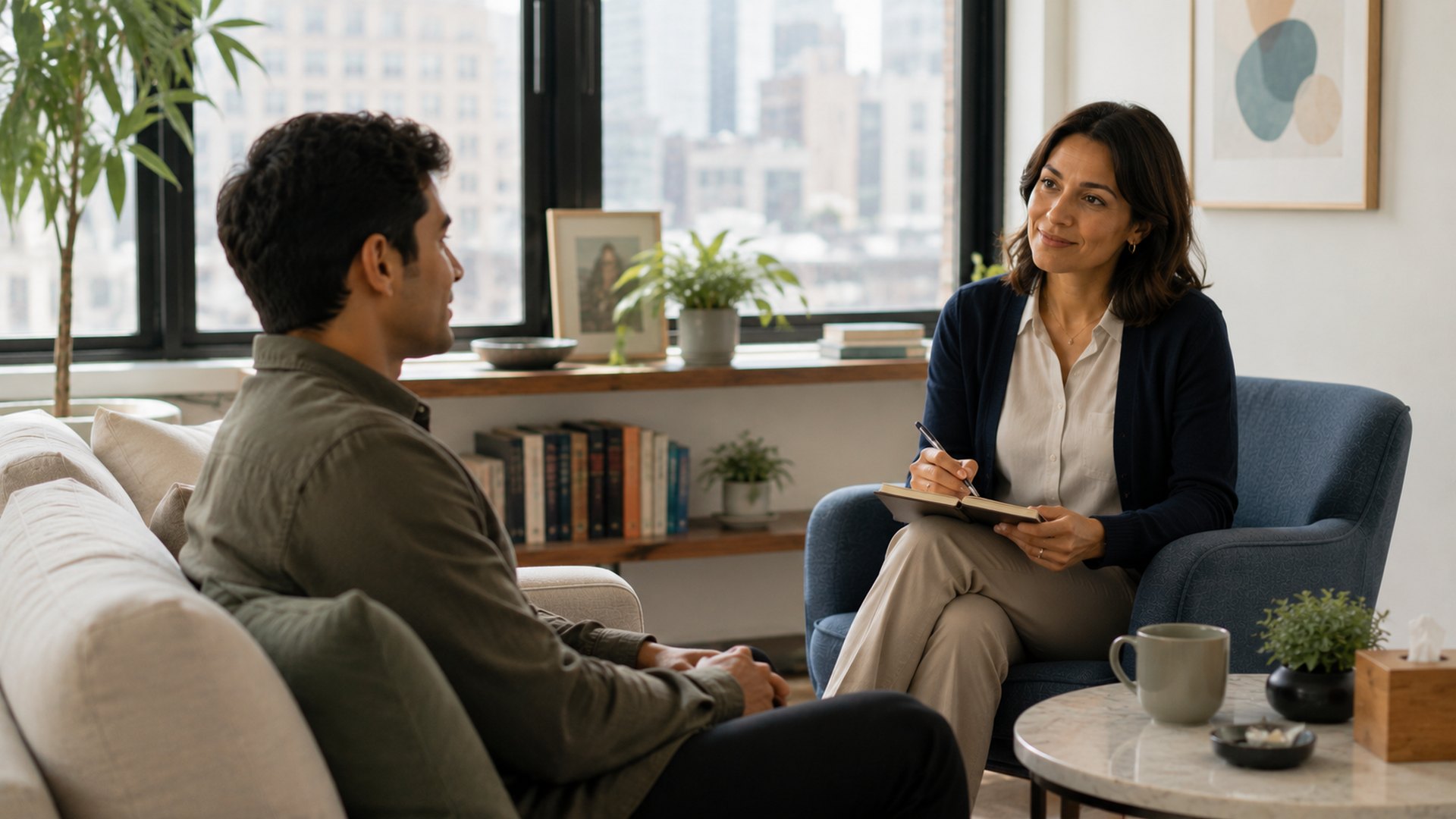 A therapist and client in a warm, collaborative session in a modern NYC office