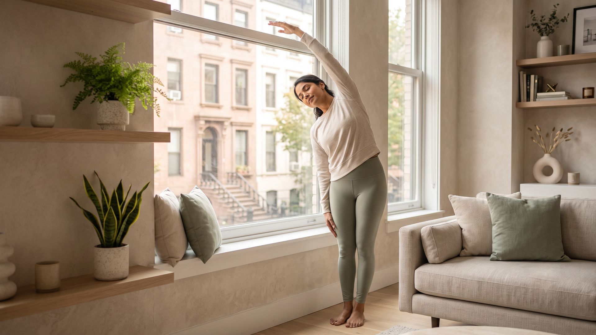 A calm person stretching by a sunlit window in a modern Manhattan apartment