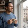 A person pausing thoughtfully with a coffee near a window in soft natural light