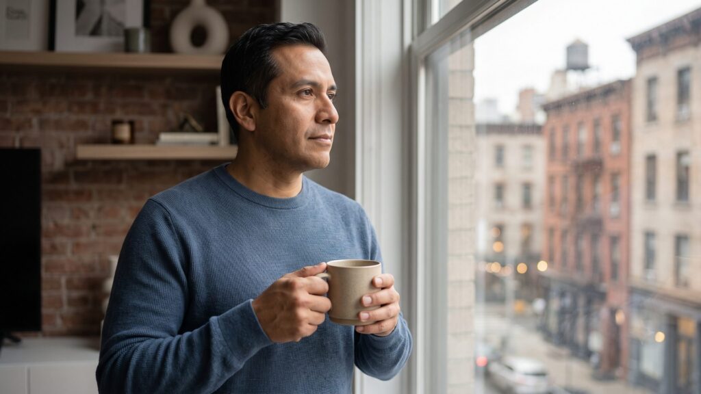 A person pausing thoughtfully with a coffee near a window in soft natural light
