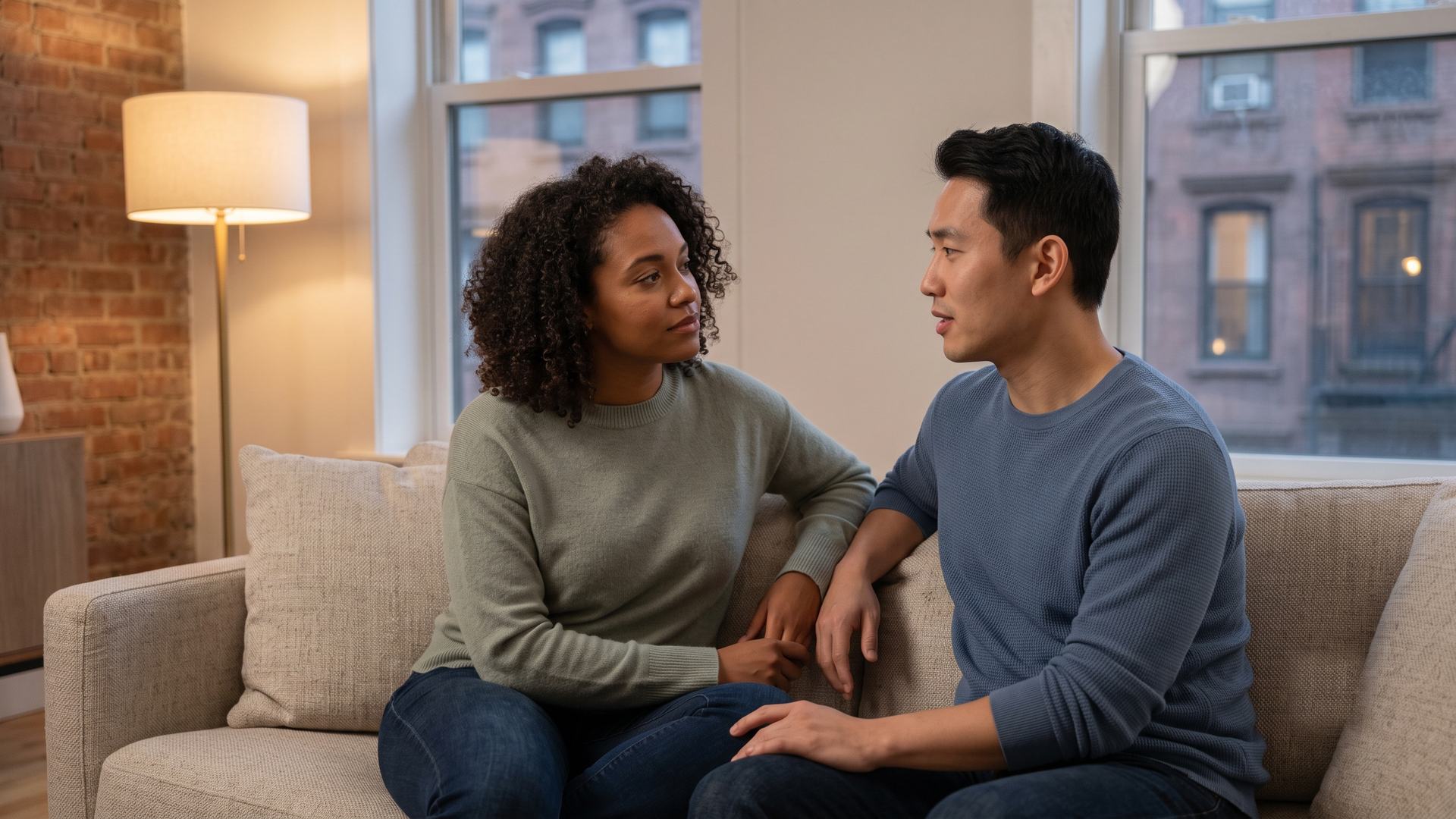 Two people sitting close together on a couch in a warm Manhattan living room, one listening supportively
