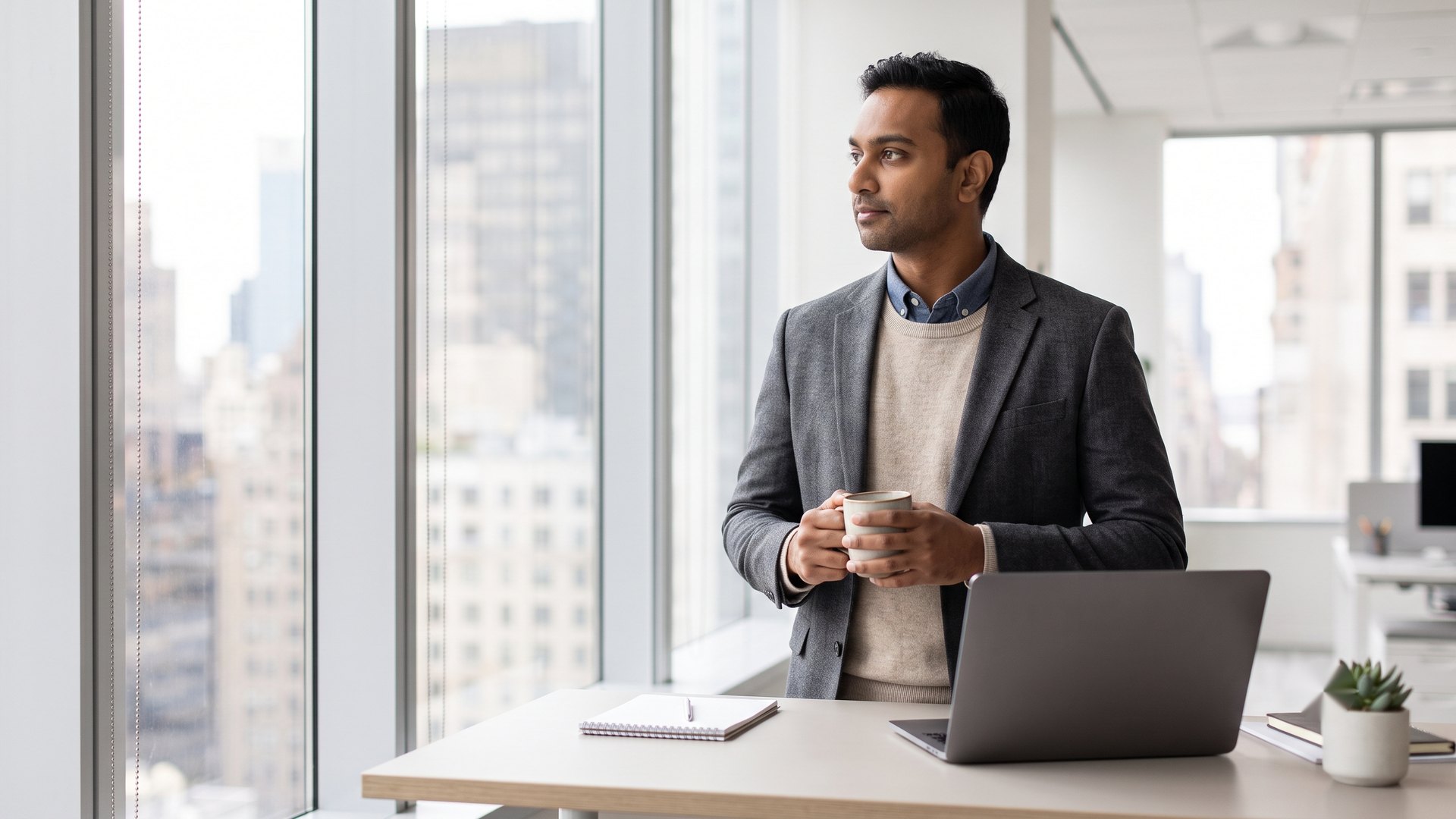 A composed professional taking a mindful pause by a large window in a modern Manhattan office