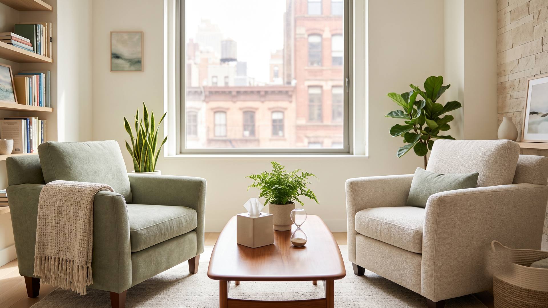 A warm, sunlit therapy office with two comfortable armchairs, plants, and soft textiles