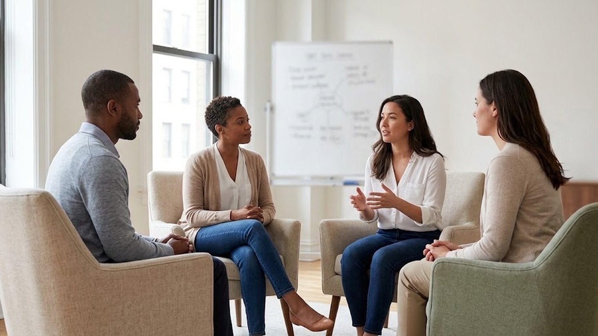 Diverse adults seated in a circle with a clinician during a DBT skills group in a bright Manhattan therapy room