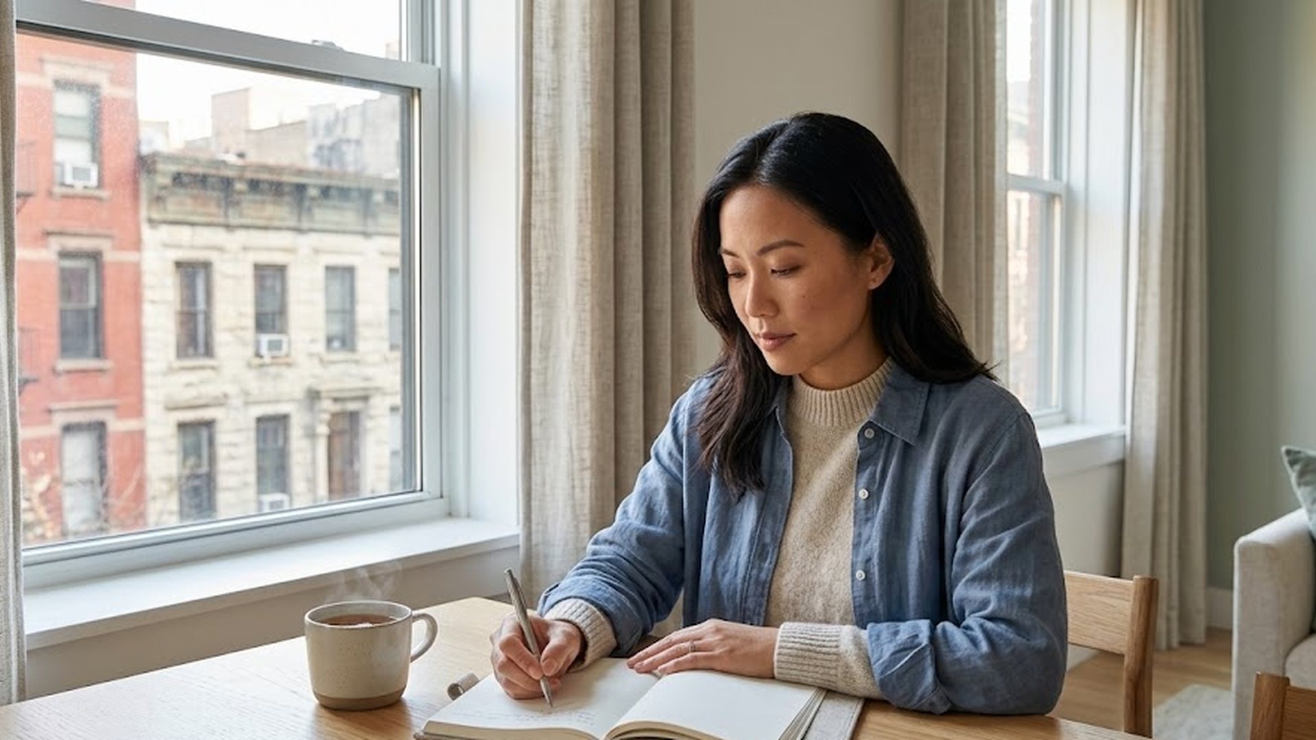 Woman writing in an open notebook at a sunlit wooden table beside a large window in a warm neutral room