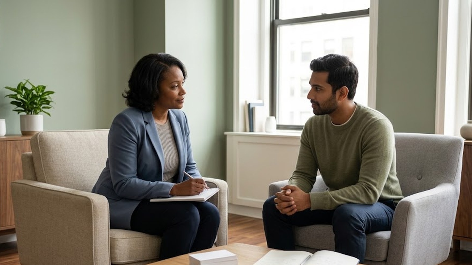 Therapist and client seated across from each other mid-session in a calm, uncluttered sage-toned office