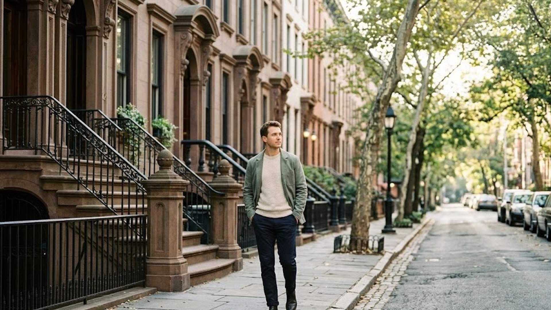 Man walking along a quiet tree-lined Manhattan side street in early morning light, passing brownstone stoops
