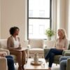 Small group of diverse adults talking with a therapist in a bright, calm Manhattan therapy room beside an empty armchair