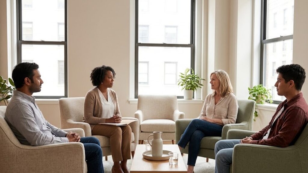 Small group of diverse adults talking with a therapist in a bright, calm Manhattan therapy room beside an empty armchair