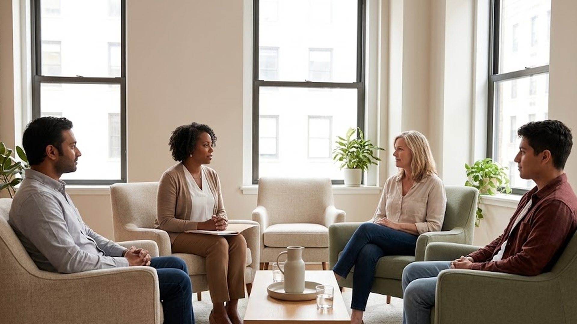 Small group of diverse adults talking with a therapist in a bright, calm Manhattan therapy room beside an empty armchair