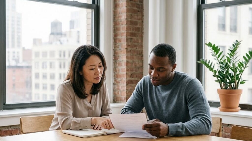 Therapist and client reviewing a treatment plan together at a sunlit table in a calm, neutral-toned office