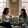 Parent and teenager sitting side by side on a sofa in a warm apartment, talking calmly in soft natural light