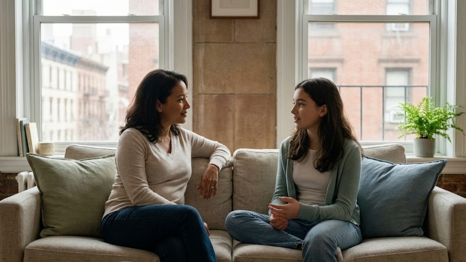 Parent and teenager sitting side by side on a sofa in a warm apartment, talking calmly in soft natural light