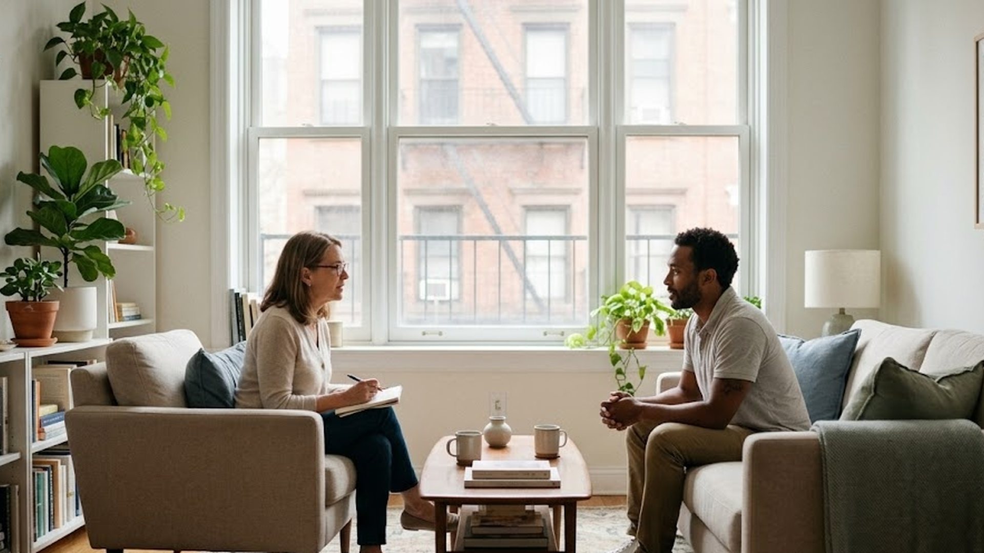 Clinician and client in conversation in a bright living room with plants and soft neutral furnishings