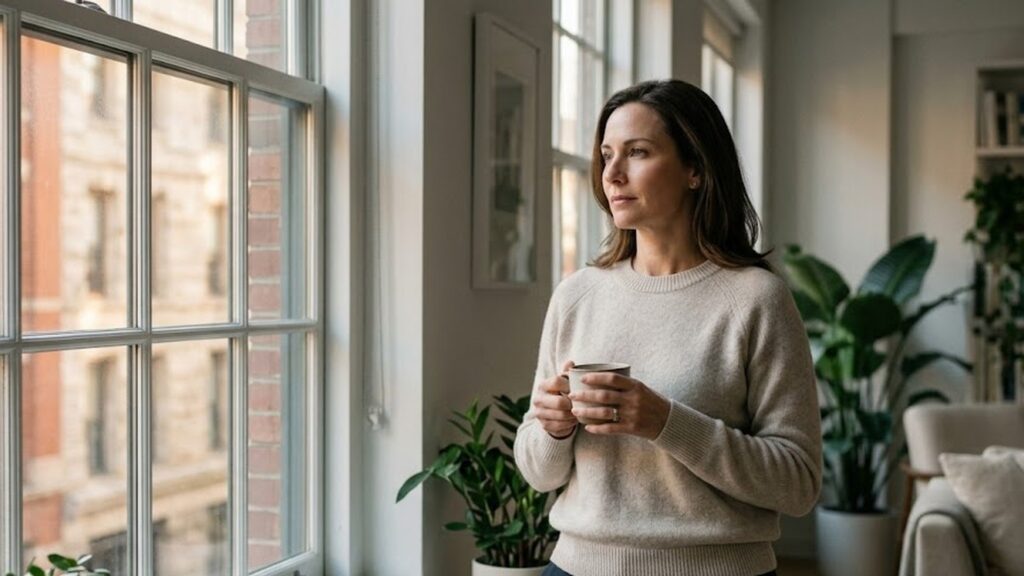 Professional woman pausing by a window with a coffee cup, looking thoughtful in soft morning light in a Manhattan apartment